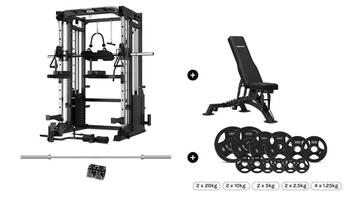 CORTEX SM-25 6-In-1 Power Rack With Smith & Cable Machine Package (Set C) with BN9 Bench + 100kg Olympic Weight Plate & Barbell Package