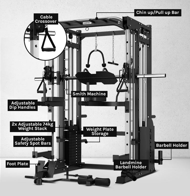 CORTEX SM-25 6-In-1 Power Rack with Smith & Cable Machine Package (Set H) with 48kg Revolock V2 Adjustable Dumbbells + 100kg Tri-Grip V2 Weight Plate & Barbell Package