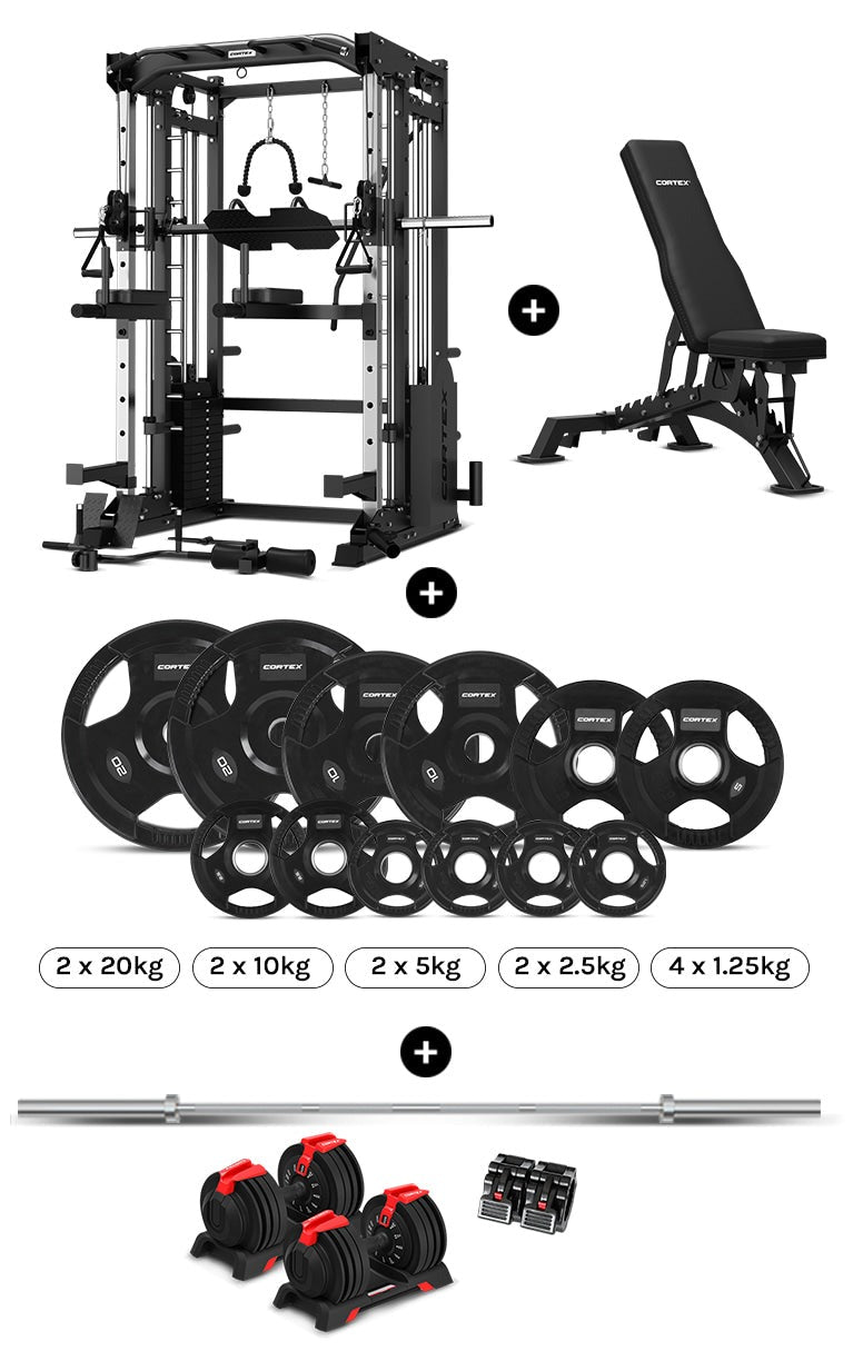 CORTEX SM-25 6-In-1 Power Rack with Smith & Cable Machine Package (Set H) with 48kg Revolock V2 Adjustable Dumbbells + 100kg Tri-Grip V2 Weight Plate & Barbell Package