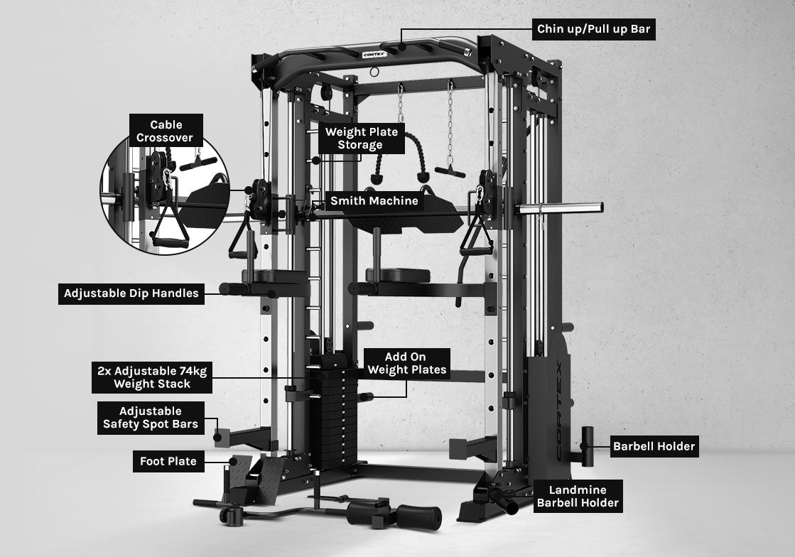 CORTEX SM-25 6-In-1 Power Rack with Smith & Cable Machine Package (Set H) with 48kg Revolock V2 Adjustable Dumbbells + 100kg Tri-Grip V2 Weight Plate & Barbell Package