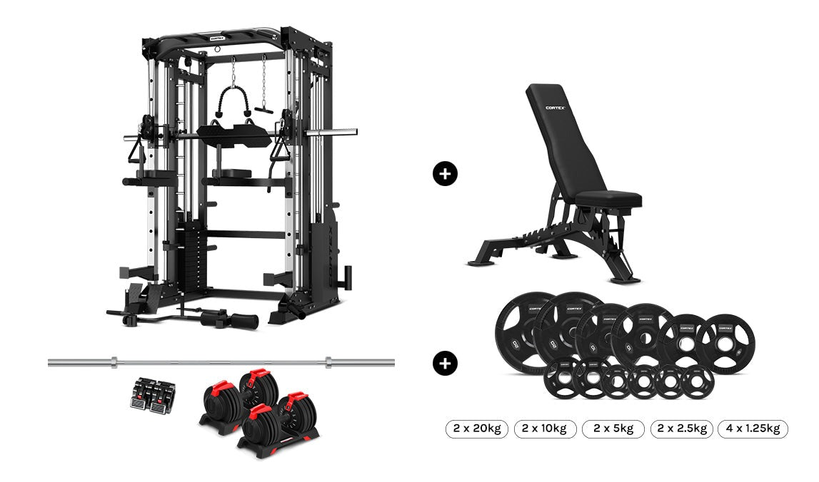 CORTEX SM-25 6-In-1 Power Rack with Smith & Cable Machine Package (Set H) with 48kg Revolock V2 Adjustable Dumbbells + 100kg Tri-Grip V2 Weight Plate & Barbell Package