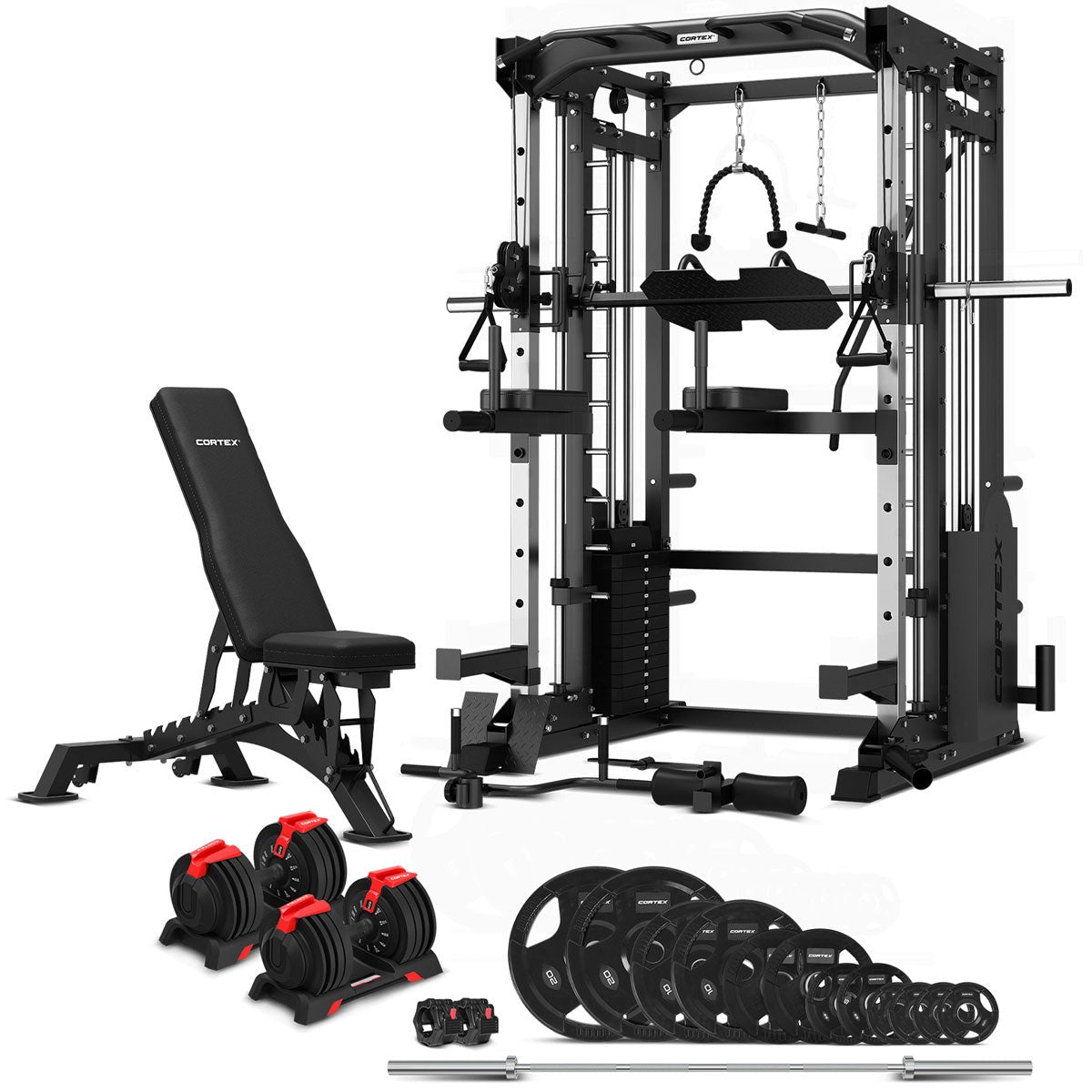 CORTEX SM-25 6-In-1 Power Rack with Smith & Cable Machine Package (Set H) with 48kg Revolock V2 Adjustable Dumbbells + 100kg Tri-Grip V2 Weight Plate & Barbell Package