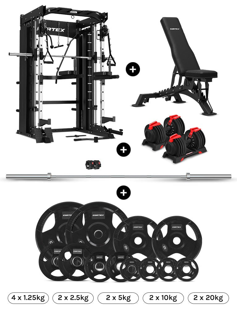 CORTEX SM-26 6-In-1 Power Rack with Dual Stack Smith & Cable Machine Package (Set D) + 48kg Revolock V2 Adjustable Dumbbells + 100kg Tri-Grip V2 Plate & Barbell Package