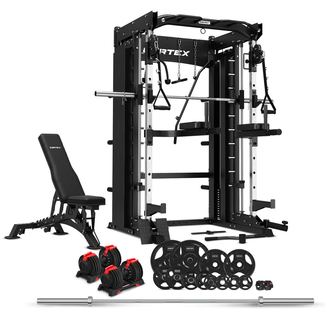 CORTEX SM-26 6-In-1 Power Rack with Dual Stack Smith & Cable Machine Package (Set D) + 48kg Revolock V2 Adjustable Dumbbells + 100kg Tri-Grip V2 Plate & Barbell Package