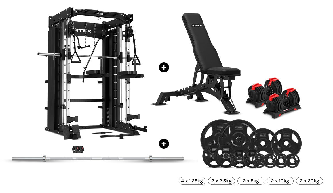 CORTEX SM-26 6-In-1 Power Rack with Dual Stack Smith & Cable Machine Package (Set D) + 48kg Revolock V2 Adjustable Dumbbells + 100kg Tri-Grip V2 Plate & Barbell Package