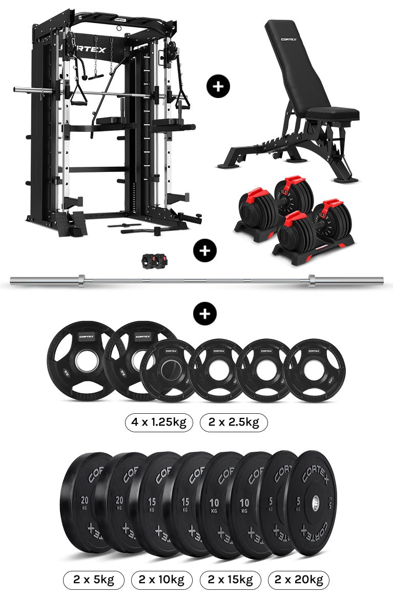 Cortex home gym setup with resistance bands, weight plates, and adjustable bench for versatile workouts