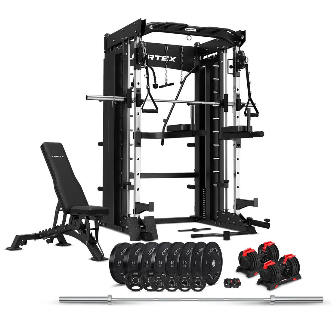 CORTEX SM-26 6-In-1 Power Rack with Dual Stack Smith & Cable Machine Package (Set E) + 48kg Revolock V2 Adjustable Dumbbells + 130kg Pro Bumper Plate & Barbell Package