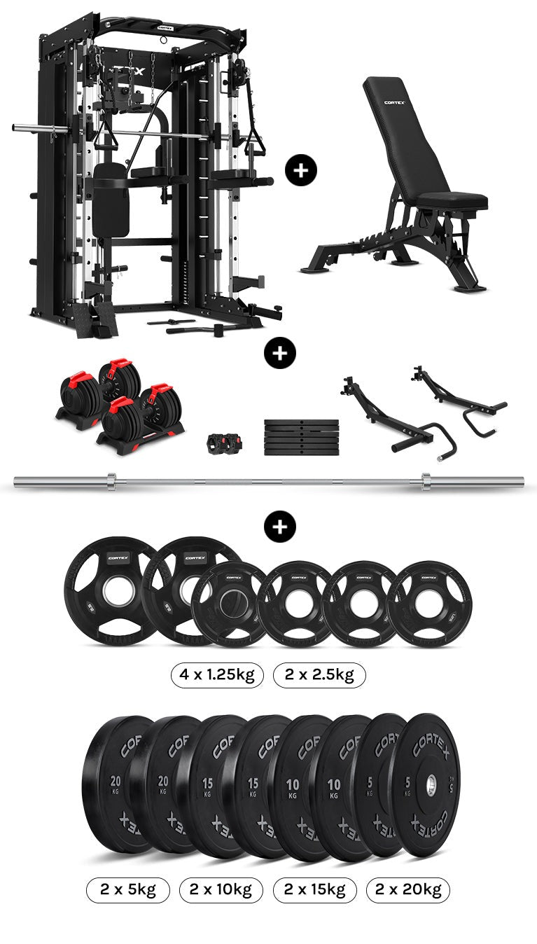 Cortex multifunctional home gym with weights, bench, and accessories for versatile strength training.