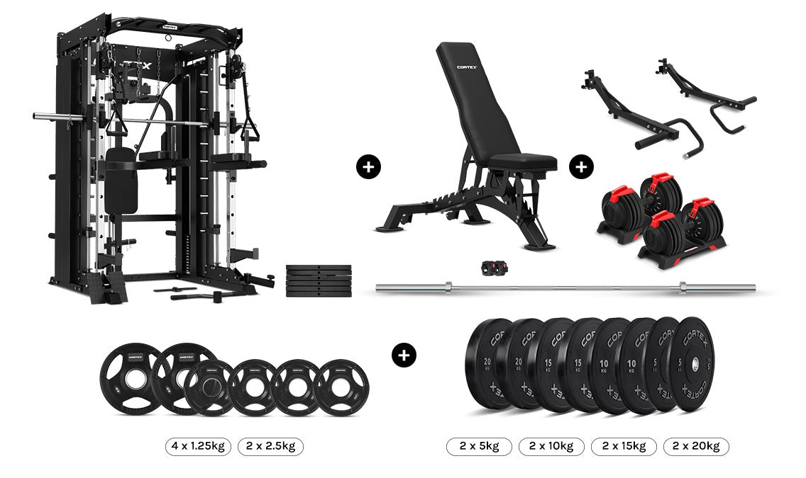 CORTEX SM-26 6-In-1 Power Rack with Dual Stack Smith & Cable Machine Ultimate Package (Set F) + 48kg Revolock V2 Adjustable Dumbbells + 130kg Pro Bumper Plate & Barbell Package