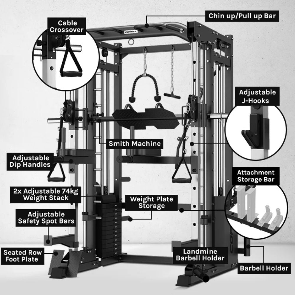 Versatile home gym system with Smith machine, cable crossover, and adjustable workout features