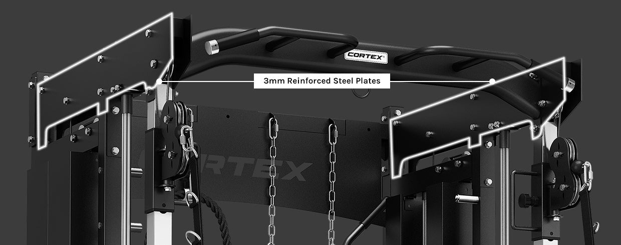 CORTEX SM-26 6-In-1 Power Rack featuring a dual stack Smith machine and cable system, ideal for strength training and home gyms.