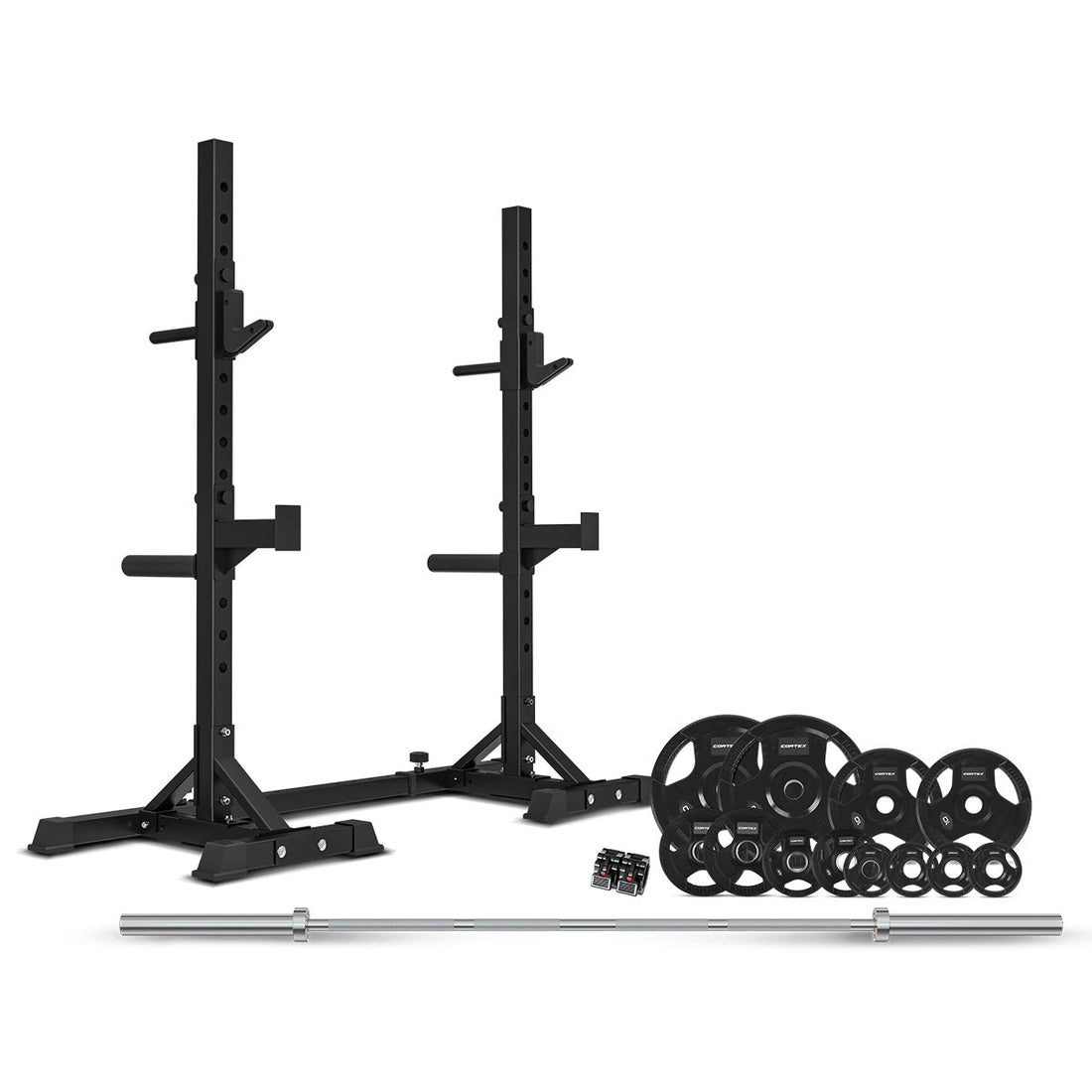 CORTEX SR-10 Portable Squat Rack Package (Set C) with 100kg Olympic Tri-Grip V2 Weight Plates & Barbell Set