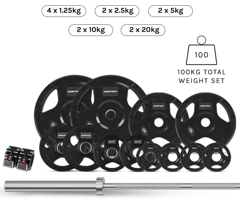CORTEX SR-10 Portable Squat Rack Package (Set C) with 100kg Olympic Tri-Grip V2 Weight Plates & Barbell Set