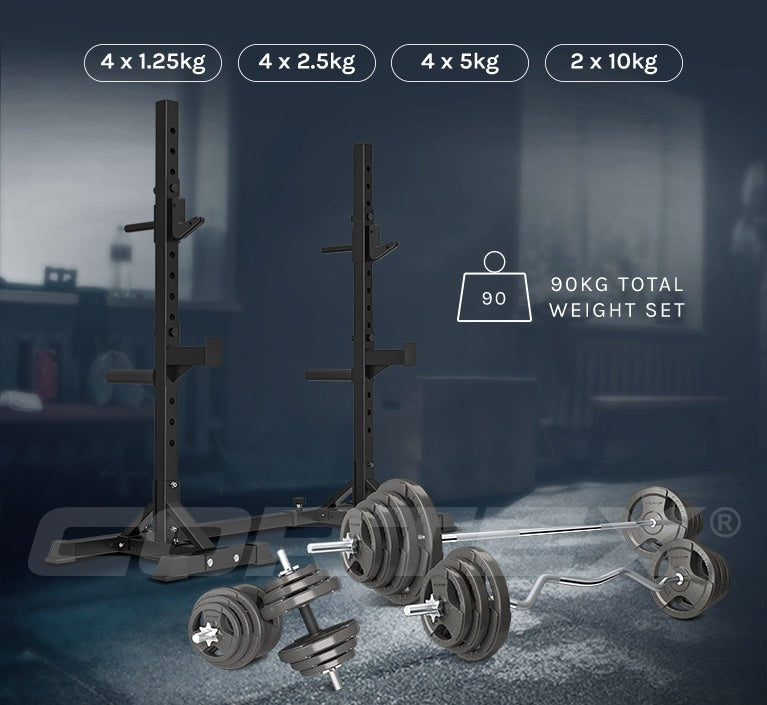 Adjustable barbell rack and weights set for home gym workouts