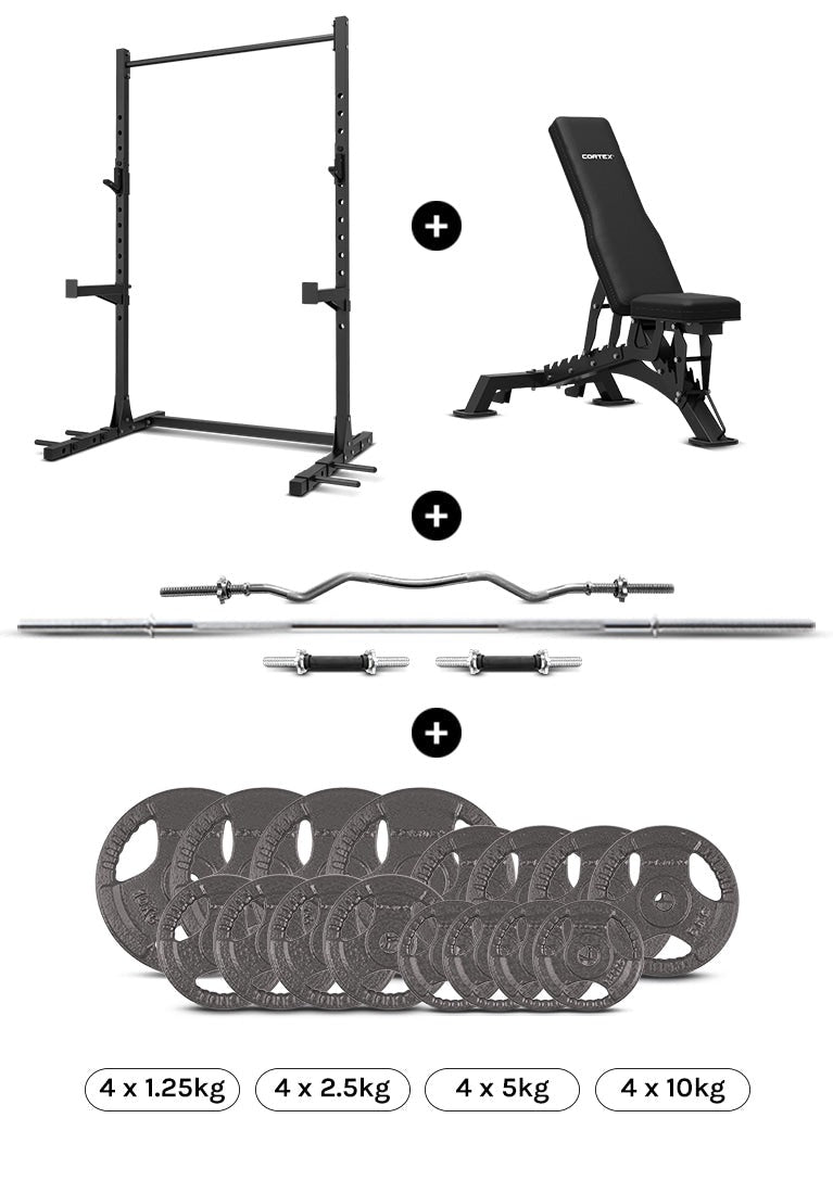 Adjustable weight bench and squat rack with weight plates for home gym workouts