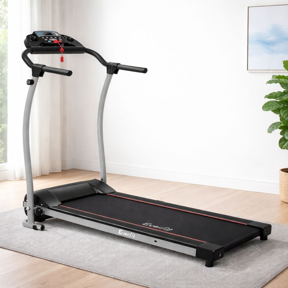 Compact Everfit treadmill for home workouts with digital display and safety key