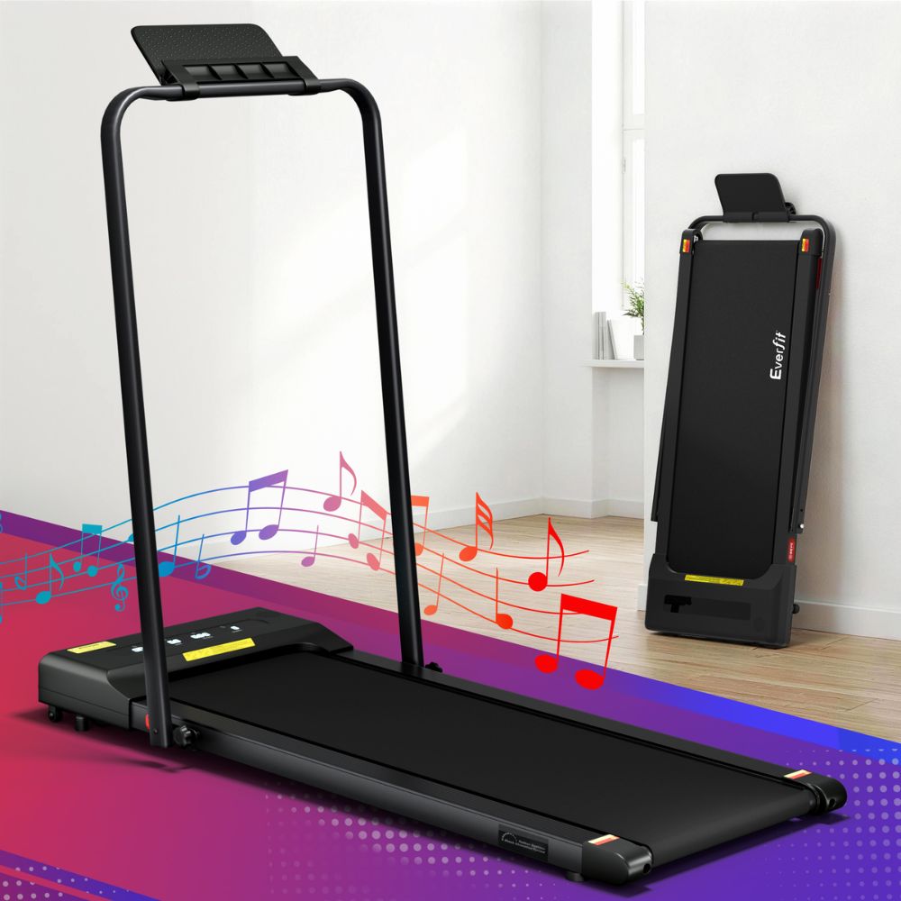 Everfit foldable treadmill with a modern design, perfect for home workouts, featuring music-themed decorations.