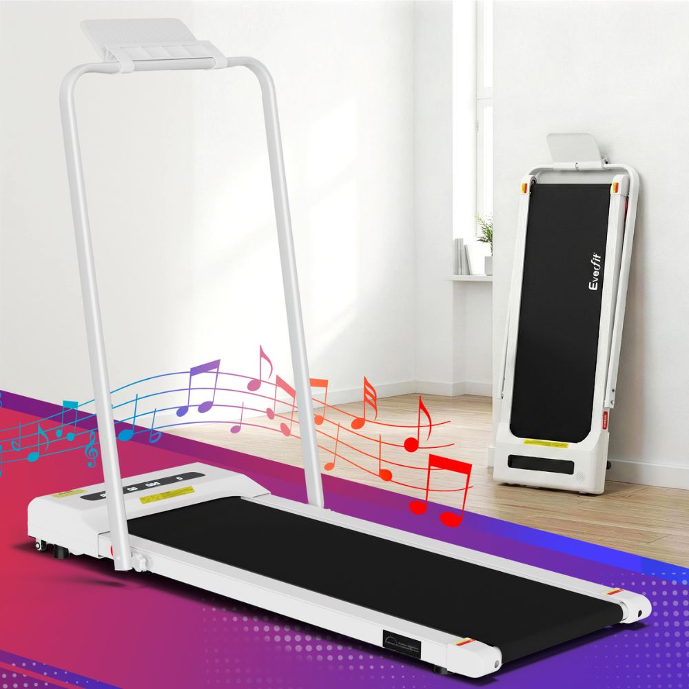 Compact Everfit treadmill designed for home workouts with a black running surface and white frame.