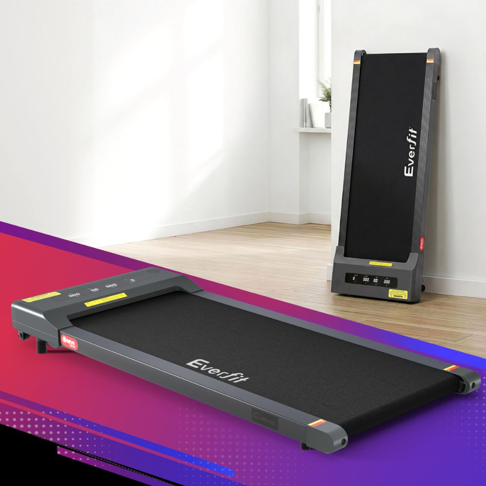 Compact Everfit treadmill for home workouts with digital display and sleek design