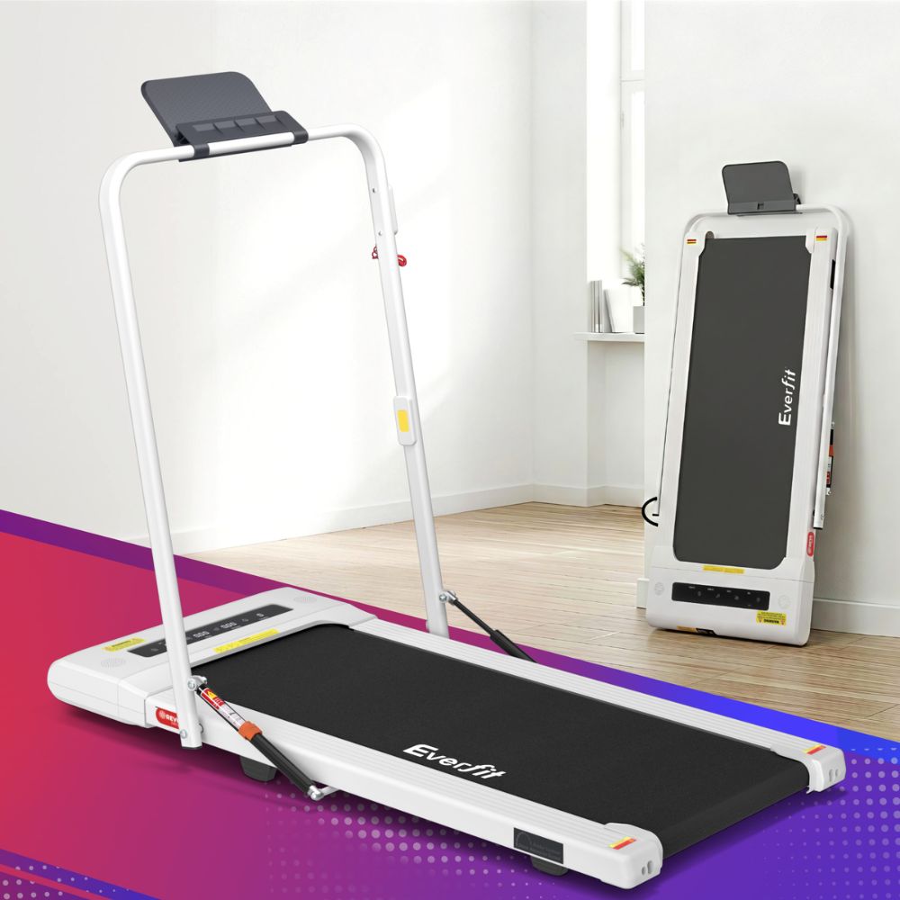 Compact Everfit treadmill designed for home workouts, featuring a foldable design and control panel.