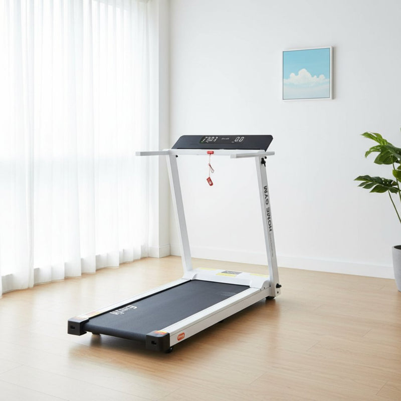 Running on a modern treadmill in a bright, spacious home gym setting