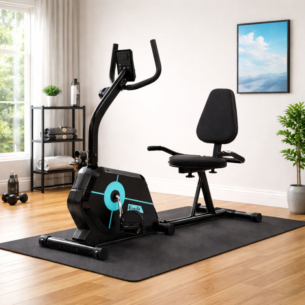 Everfit recumbent exercise bike designed for home workouts in a stylish indoor setting