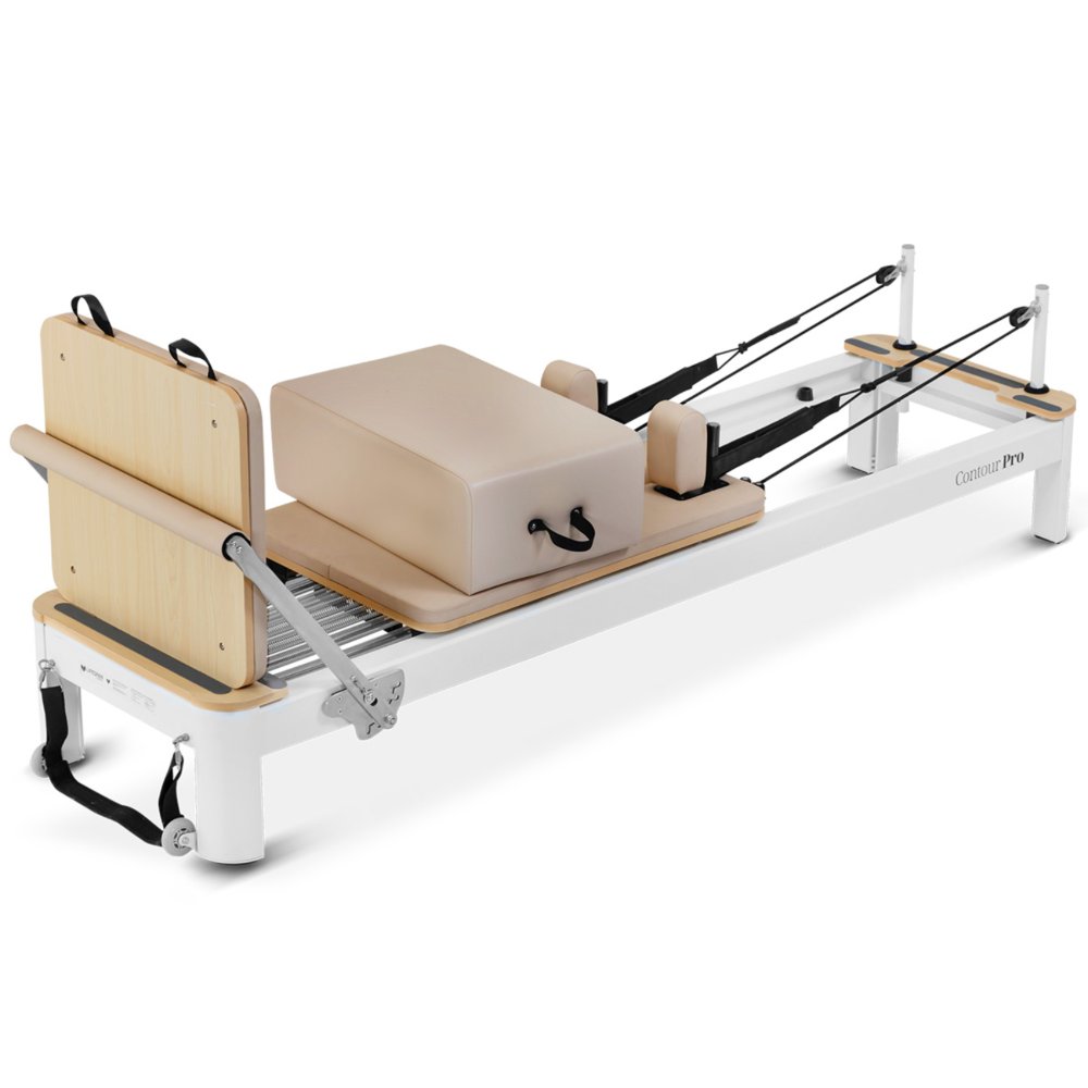 Close-up of Lifespan Fitness Contour Pro Aluminium Reformer Set featuring padded foot supports and adjustable straps for versatile Pilates workouts at home or studio.
