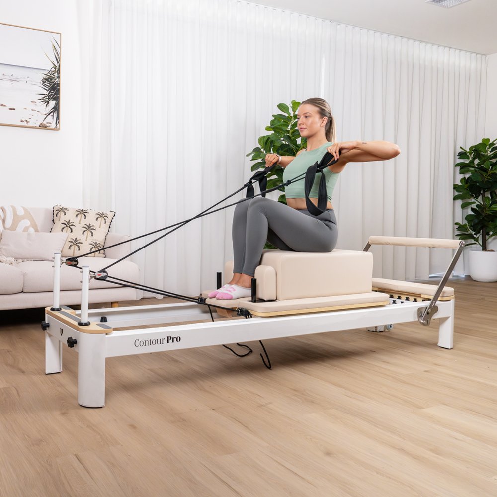 Lifespan Fitness Contour Pro Aluminium Reformer Set featuring a sleek design, comfortable padded platform, and adjustable resistance springs, ideal for Pilates workouts at home.