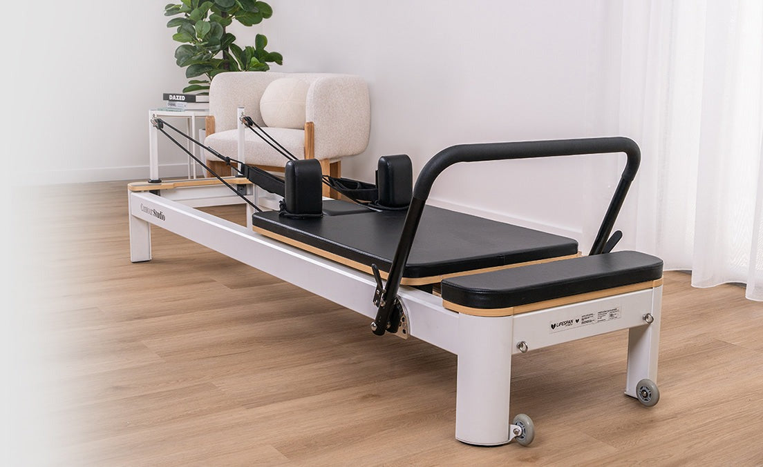 Lifespan Fitness Contour Studio Commercial Pilates Reformer Bed Set featuring a sturdy aluminium frame designed for durability and stability.