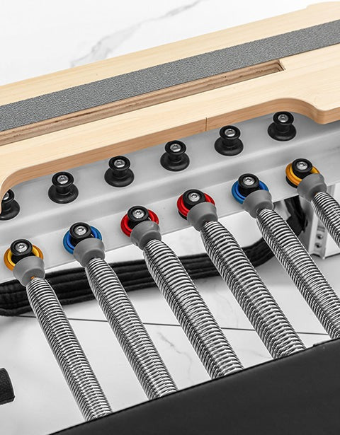 Lifespan Fitness Contour Studio Commercial Pilates Reformer Bed Set featuring EVA foam padding and durable microfibre leather for comfortable workouts.