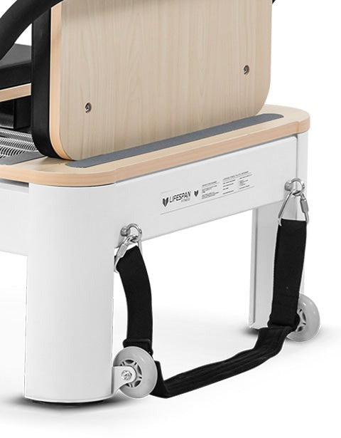 Lifespan Fitness Contour Studio Commercial Pilates Reformer Bed Set showcasing its wheels for convenient mobility.