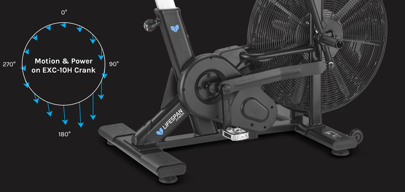 Close-up of a person adjusting the adjustable seat on the Lifespan Fitness EXC-10H Commercial Air Bike, designed for high-intensity workouts and fitness enthusiasts.