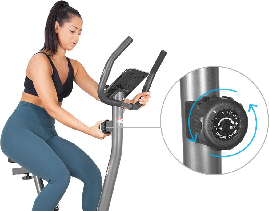 Lifespan Fitness EXER-58 Exercise Bike digital display showing time, speed, distance, calories, and pulse metrics, designed for home cardio workouts.