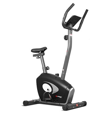 Lifespan Fitness EXER-58 Exercise Bike featuring adjustable seat and handlebars, ideal for home workouts and cardio fitness. Woman in athletic wear demonstrates ergonomic design.
