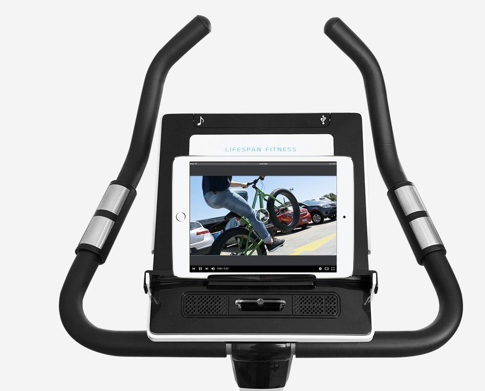 Lifespan Fitness EXER-80 Exercise Bike console comes with a tablet holder for entertainment