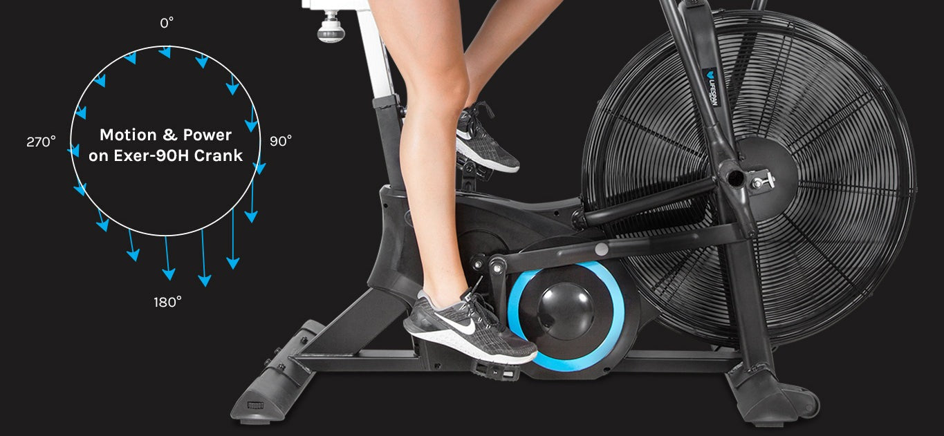 Lifespan Fitness EXER-90H Exercise Bike featuring a woman pedaling with adjustable seat height, digital display for tracking workouts, and a fan for cooling, ideal for home fitness enthusiasts.