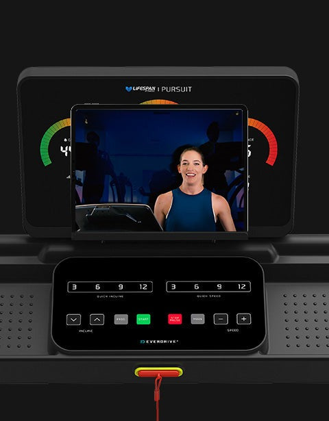 Lifespan Fitness Pursuit 4 Treadmill with integrated device stand for convenient access during workouts.