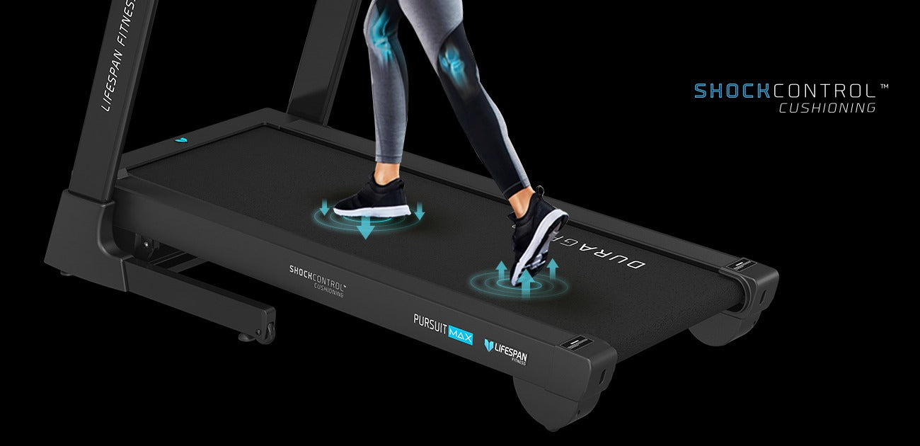 Lifespan Fitness Pursuit MAX Treadmill showcasing ShockControlTM cushioning system for enhanced joint protection.