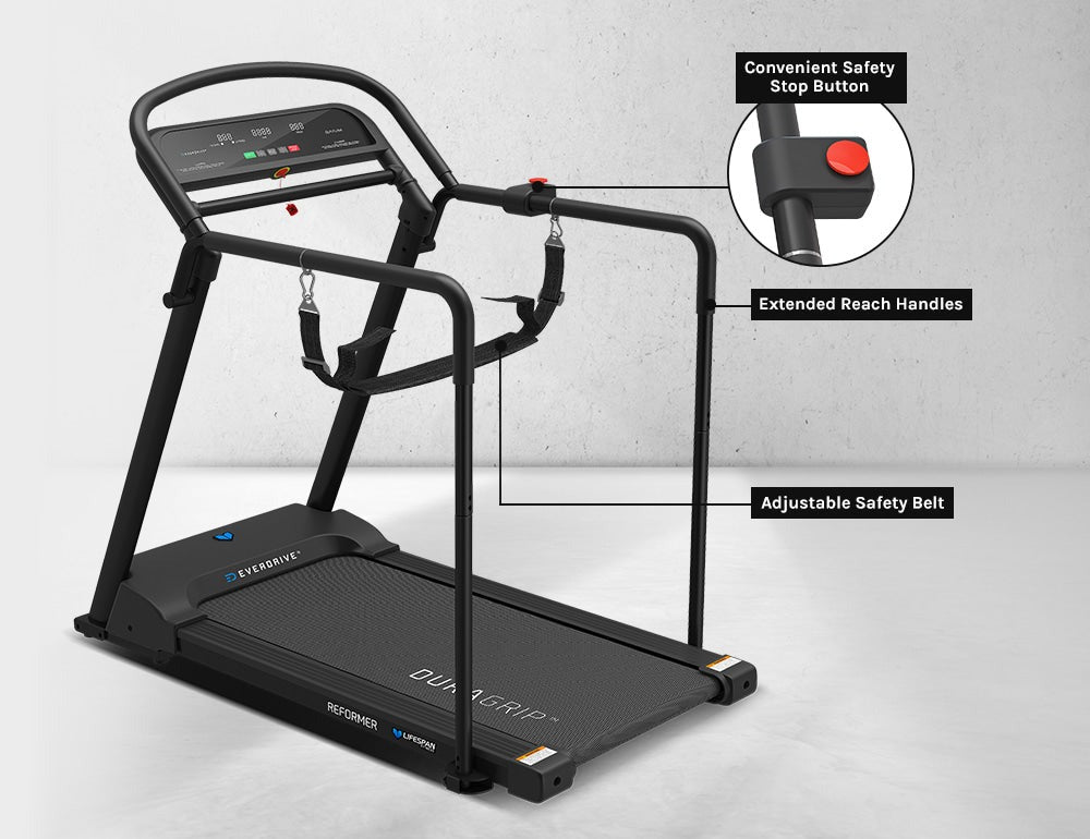 Lifespan Fitness Reformer 2 Rehabilitation Treadmill featuring an intuitive display with metrics for calories, distance, time, and speed, designed for rehabilitation and fitness training.