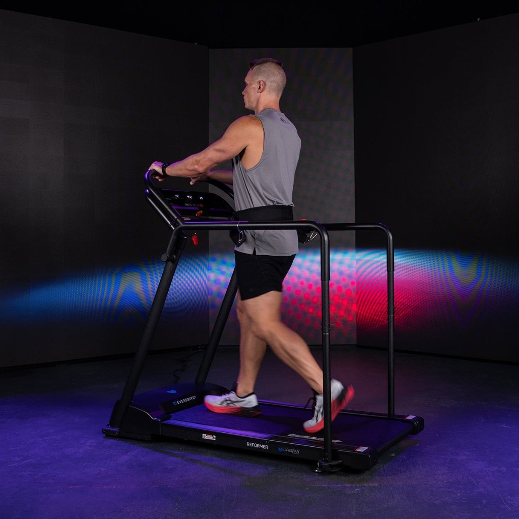 Lifespan Fitness Reformer 2 Rehabilitation Treadmill with adjustable handrails, safety features, and user-friendly control panel, designed for rehabilitation and fitness.