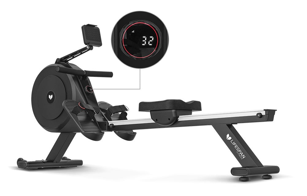 Lifespan Fitness ROWER-500D Dual Air/Magnetic Rowing Machine featuring a female user in workout attire, demonstrating smooth rowing motion with adjustable resistance, perfect for home fitness enthusiasts.