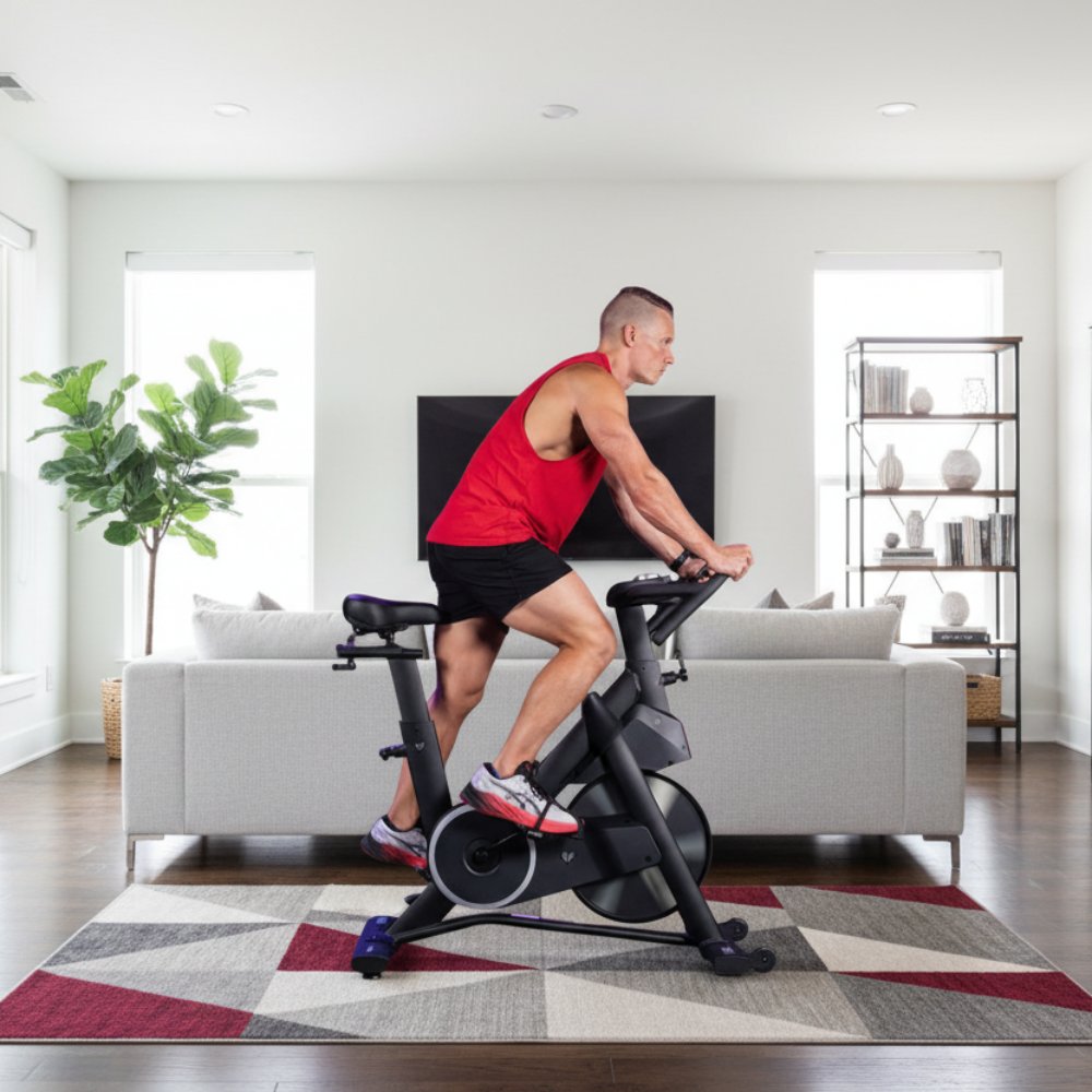 Lifespan Fitness SM420 Spin Bike featuring automatic magnetic resistance, adjustable seat, and handlebars in a modern home setting, ideal for indoor cycling workouts.