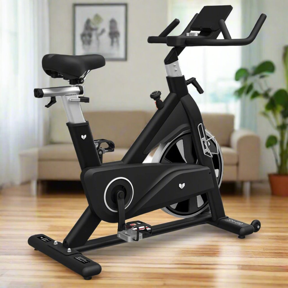 Lifespan Fitness SM810 Commercial Spin Bike features adjustable seat and handlebars, 45 lb flywheel for smooth resistance, perfect for home or studio workouts.