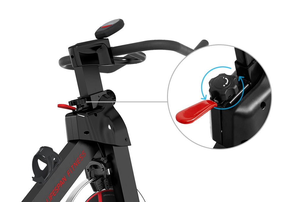 Lifespan Fitness SP-310 M2 Spin Bike featuring adjustable seat and handlebar, sturdy frame, and flywheel for smooth indoor cycling workouts.