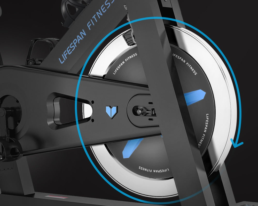 Lifespan Fitness SP-460 M2 Spin Bike in a modern home setting, showcasing its adjustable seat, heavy-duty frame, and fitness features, perfect for indoor cycling enthusiasts.