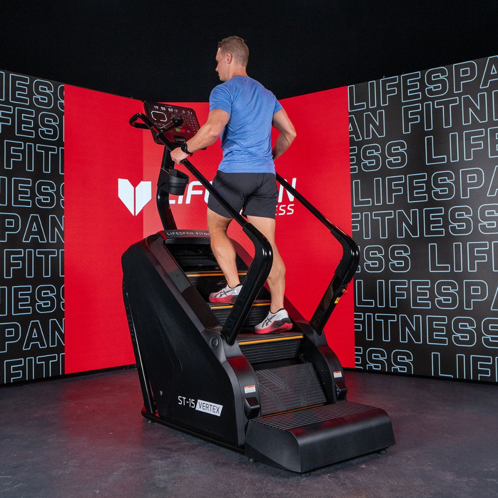 Lifespan Fitness ST-15 Vertex commercial stair climber featuring adjustable resistance, a user-friendly console, and a sturdy design for intense workouts.