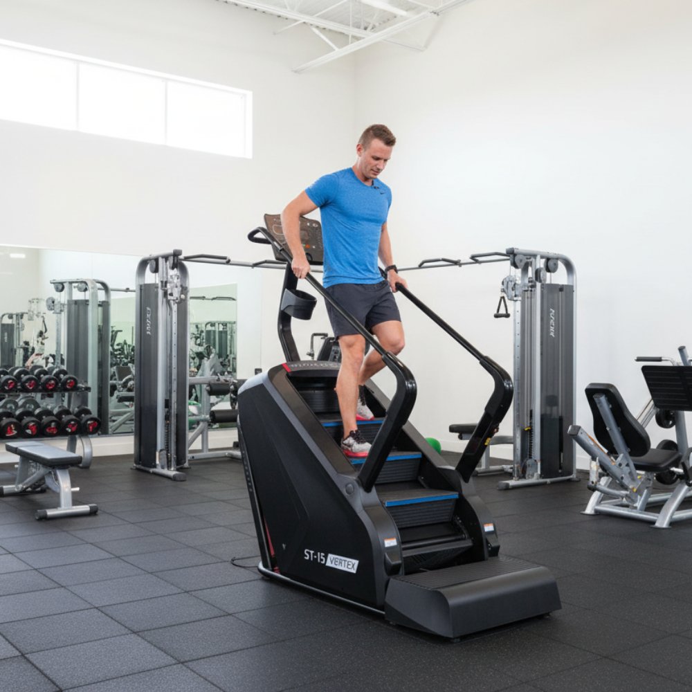 A user exercising on the Lifespan Fitness ST-15 Vertex commercial stair climber, showcasing its 4 level adjustable resistance and ergonomic design suitable for gym enthusiasts.
