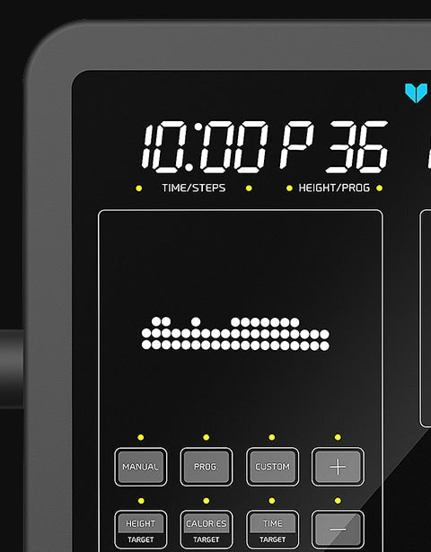 Lifespan Fitness ST-15 Vertex Commercial Stair Climber, featuring four adjustable levels for intense cardio workouts, designed for gym use. A fitness enthusiast demonstrates its functionality on stage.