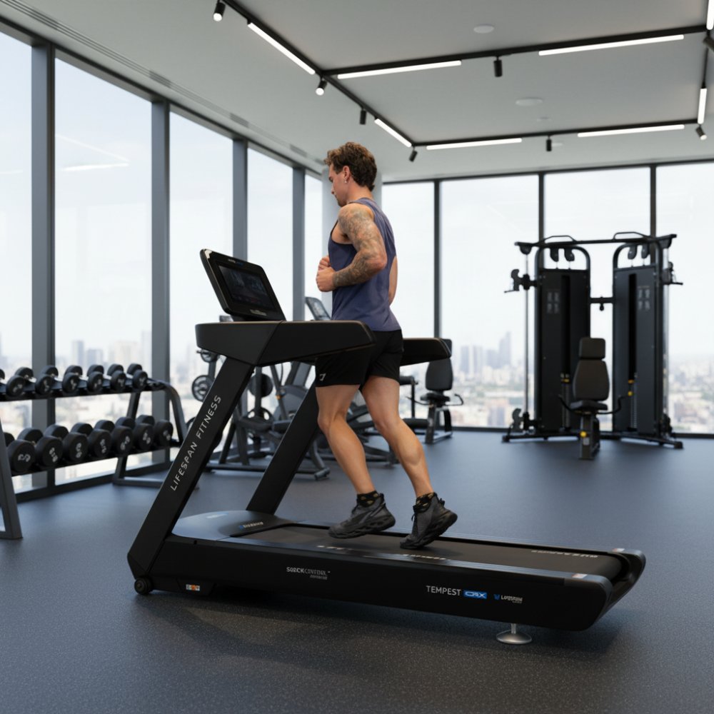 Lifespan Fitness Tempest CRX Commercial Treadmill with DuraGrip surface and Shock Control technology, featuring a large display and sleek design, ideal for gym use.