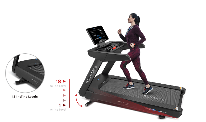 Lifespan Fitness Tempest CRX Commercial Treadmill showcasing advanced ShockControl technology, a durable running surface, and a touch display panel for gym and fitness enthusiasts.